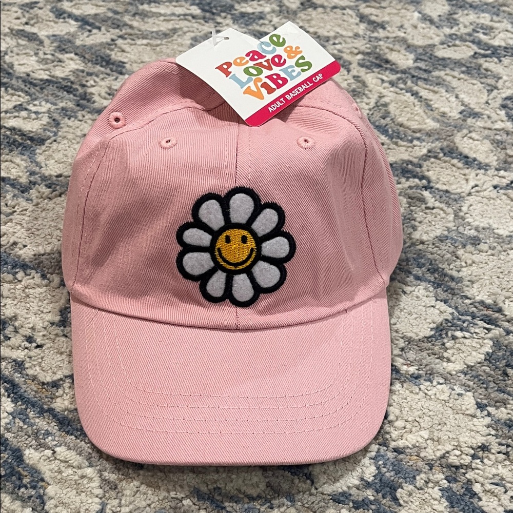 Pink Daisy Smiley Face Embroidered Cap